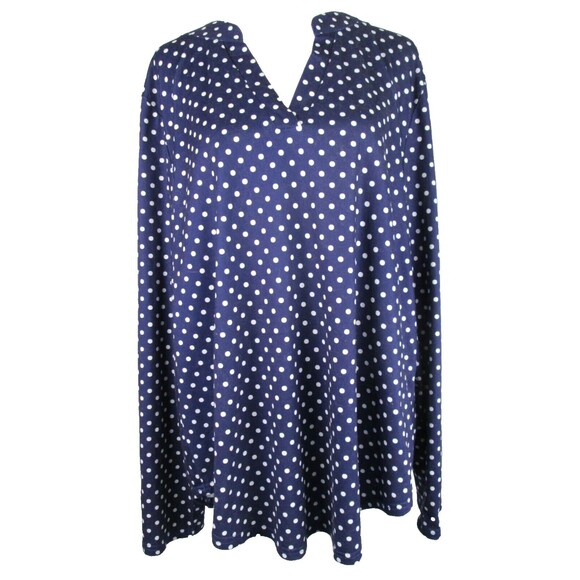 HALIFE Long Sleeve Polka Dot Top XL Navy White Roll Up Polyester Spandex 18-411 - Picture 1 of 11